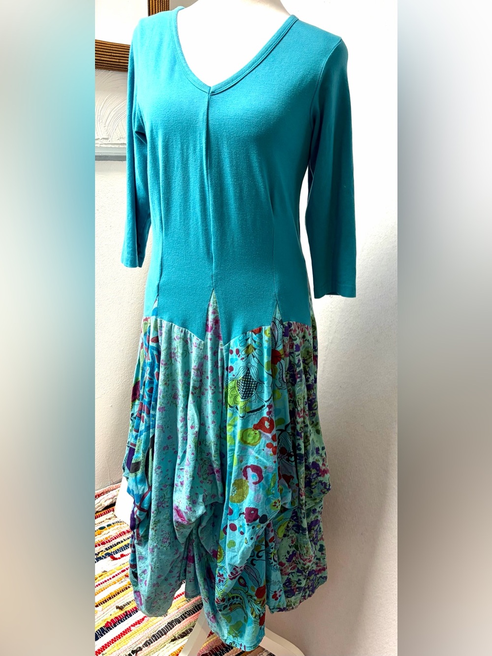 Lagenlook Art to Wear Boho Maxi Dress Teal Patchwork Floral Tiered 
Size Small